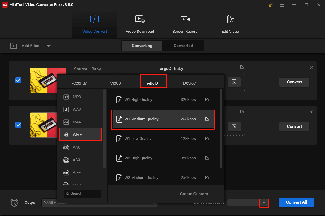 Click on the inverted arrow in MiniTool Video Converter to set WMA Medium Quality as the output format