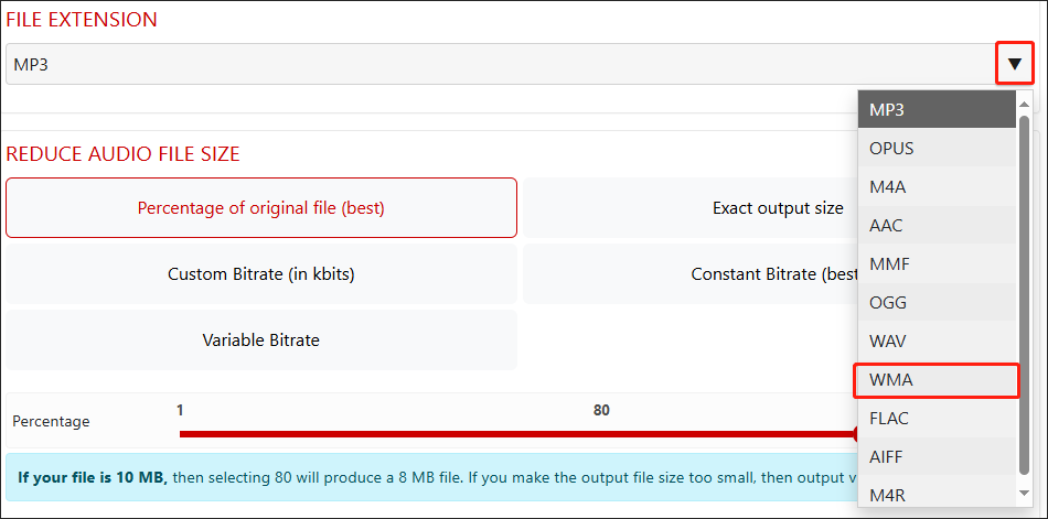 Click on the inverted arrow in XConvert to expand the File Extension and click on WMA