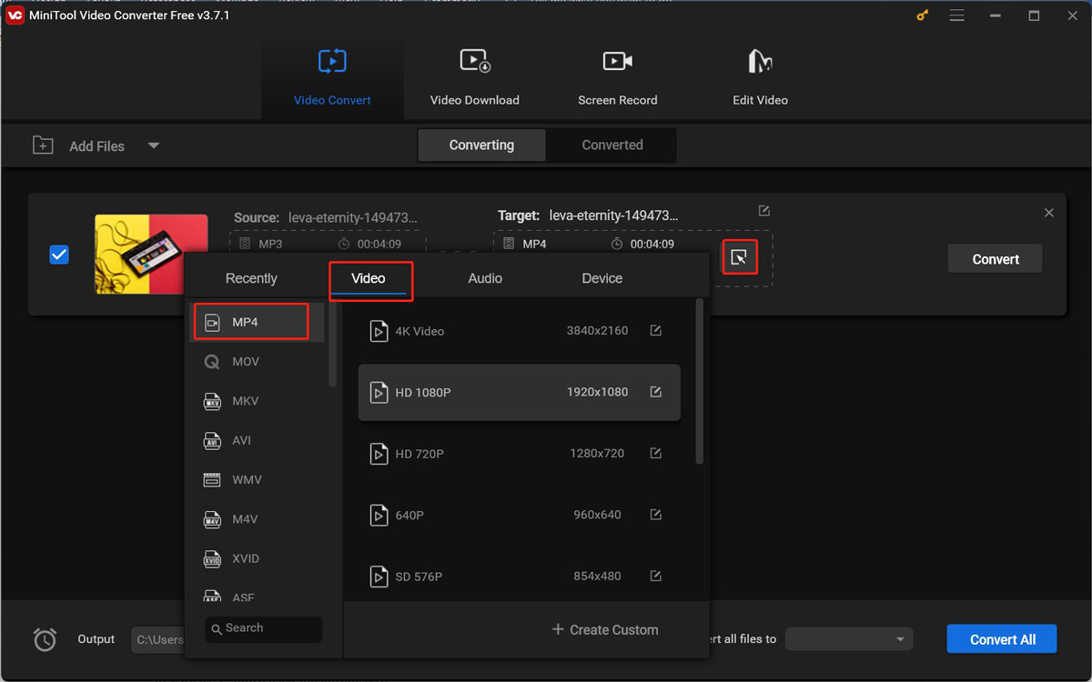 Choose MP4 as the output format in MiniTool Video Converter