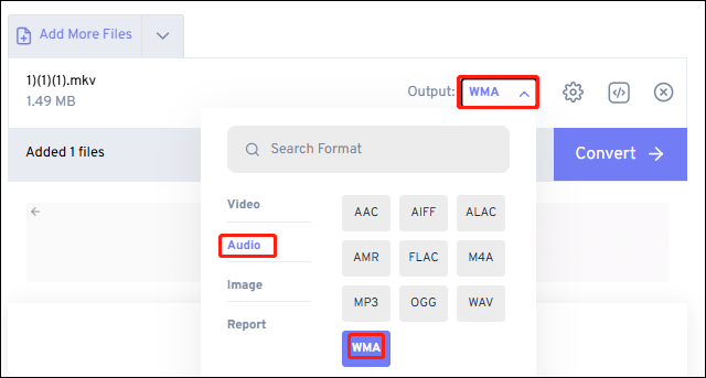 Click the box next to “Output” and select WMA as the output format under the Audio tab in the output window