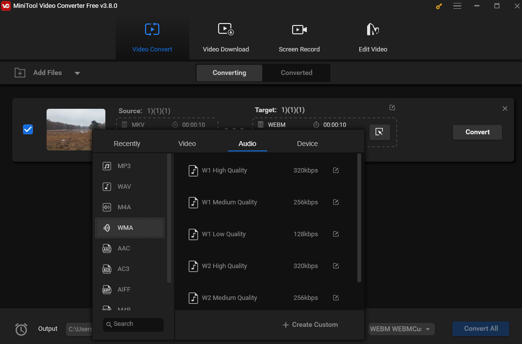 Choose WMA as the output format under the Audio tab in the output format window