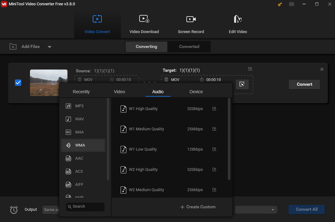 Choose WMA as the output format in the output format window