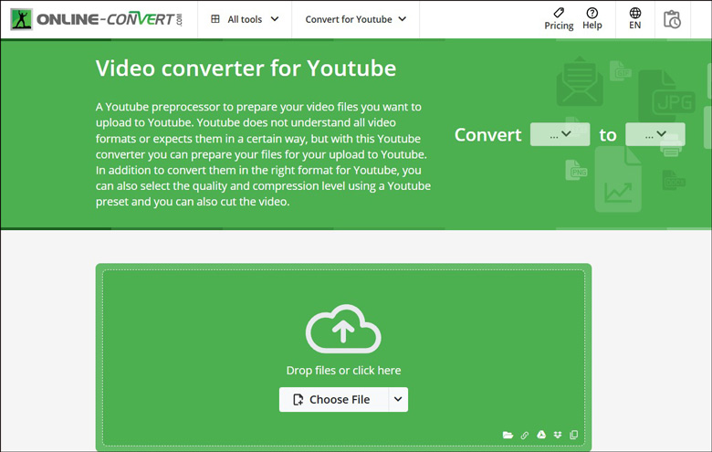 The Video converter for YouTube page of Online-Convert