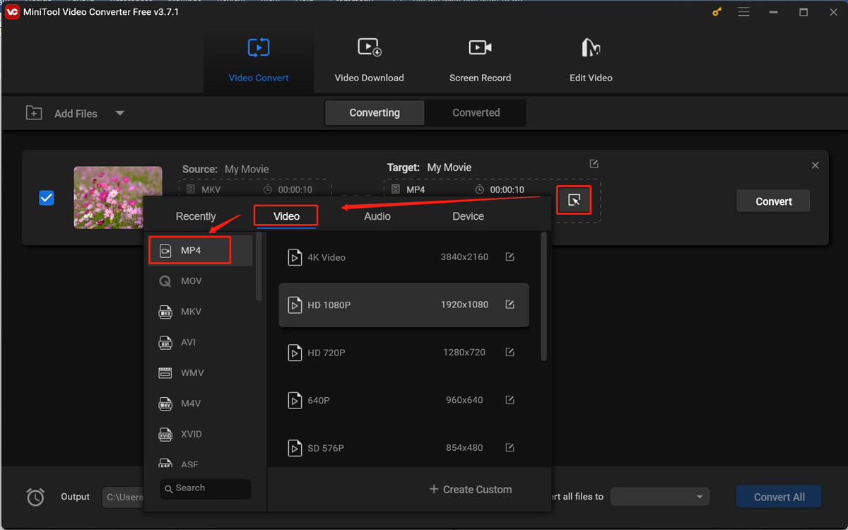 Open the output format window and choose MP4 as the output format in MiniTool Video Converter