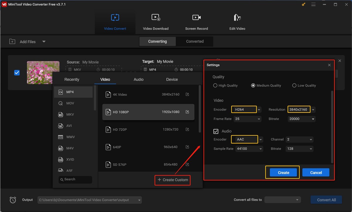 Customize the video format to the most recommended YouTube upload format in MiniTool Video Converter