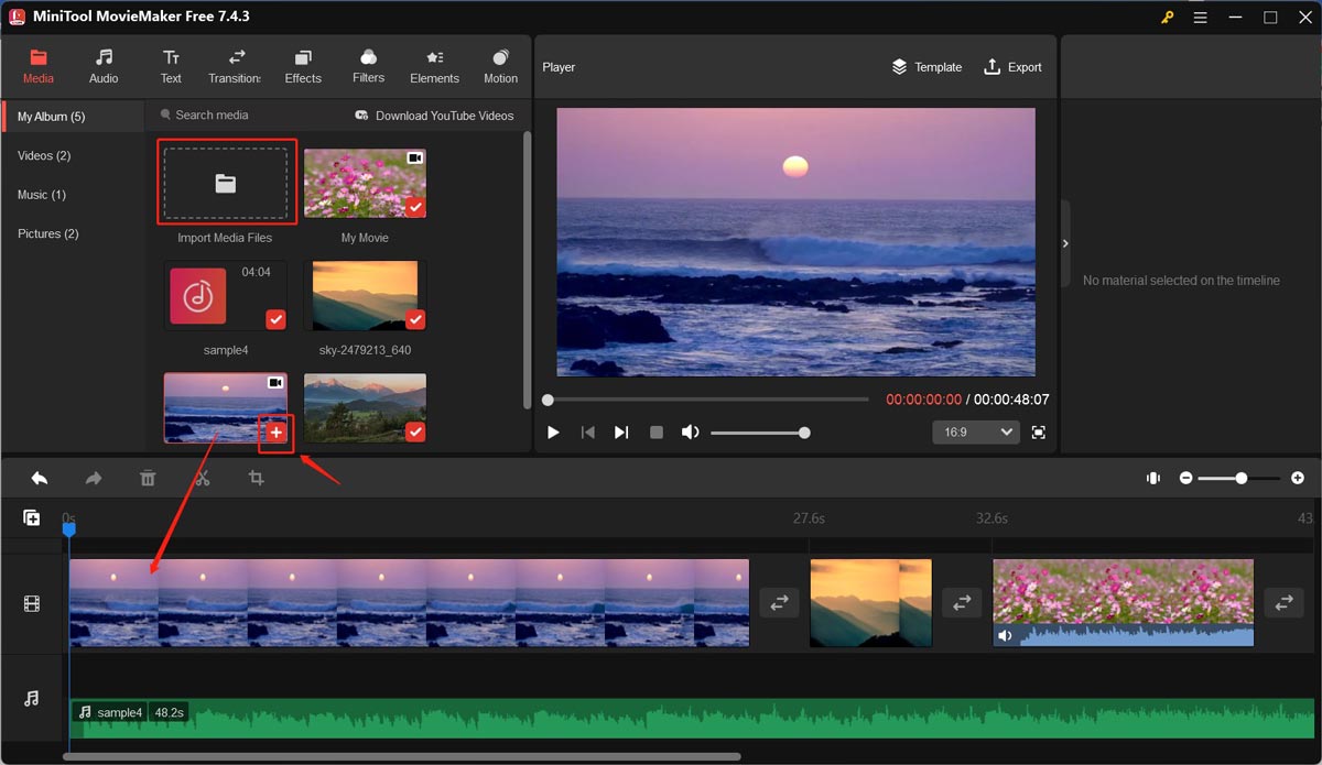 Import and add the target images, videos, and audio to the timeline of MiniTool MovieMaker for editing