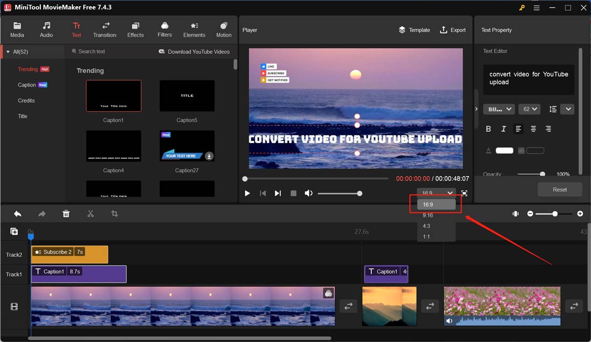 Set the aspect ratio to 16:9 and make other edits for the YouTube video in MiniTool MovieMaker