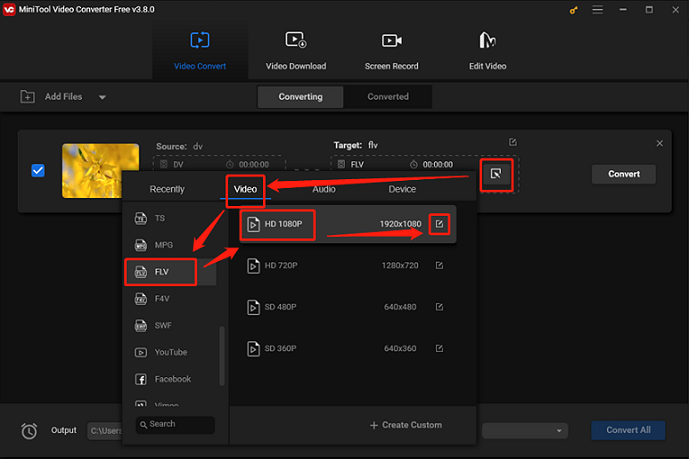 Choose FLV as the output format for conversion in MiniTool Video Converter