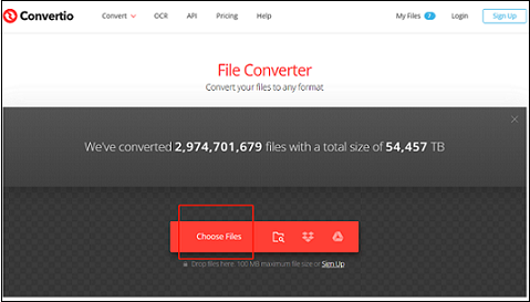 Click the Choose Files button to add the DV file for format conversion in Convertio