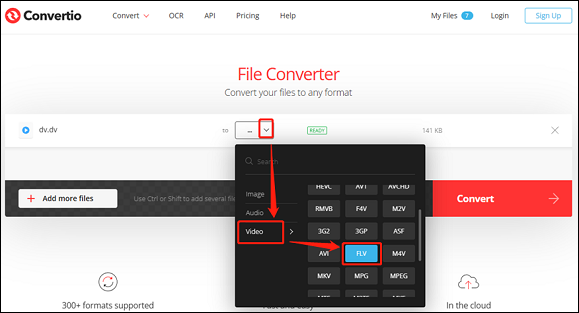 Select FLV as the output format for conversion in Convertio