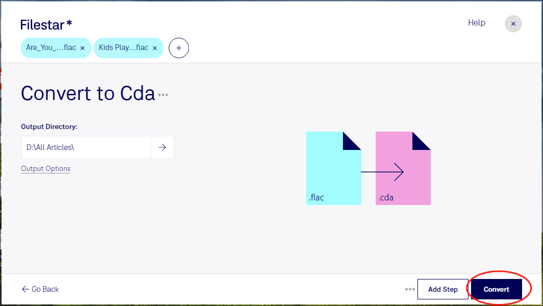 Click on the Convert button in Filestar to begin the conversion from FLAC to CDA