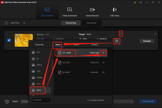 Choose the DivX format as the output format for conversion in MiniTool Video Converter