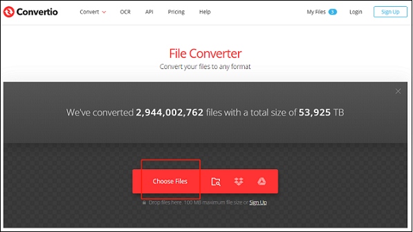 Click the Choose Files button to import the target FLV file for format conversion in Convertio