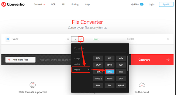 Select the DivX format as the output format for conversion in Convertio