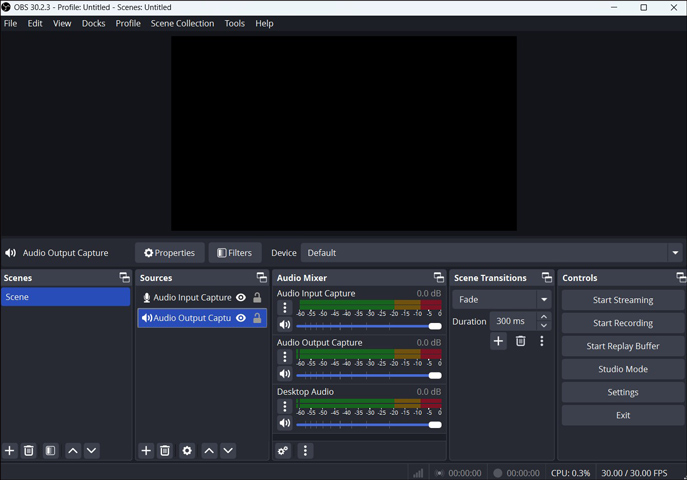 The main interface of OBS Studio