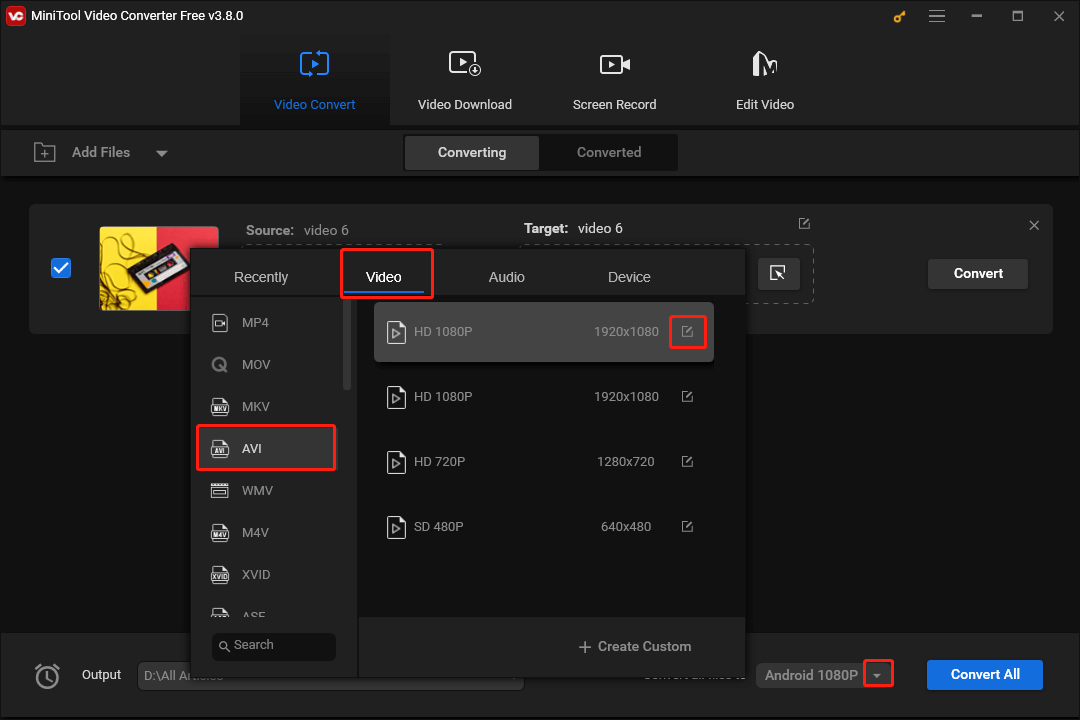 Click on the inverted arrow in MiniTool Video Converter to expand the Convert all files to option and click on the Edit icon to open the Settings interface