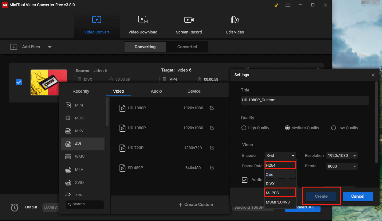 Click on the inverted arrow in the Settings page of MiniTool Video Converter to expand the Encoder option and select H264 or MJPEG