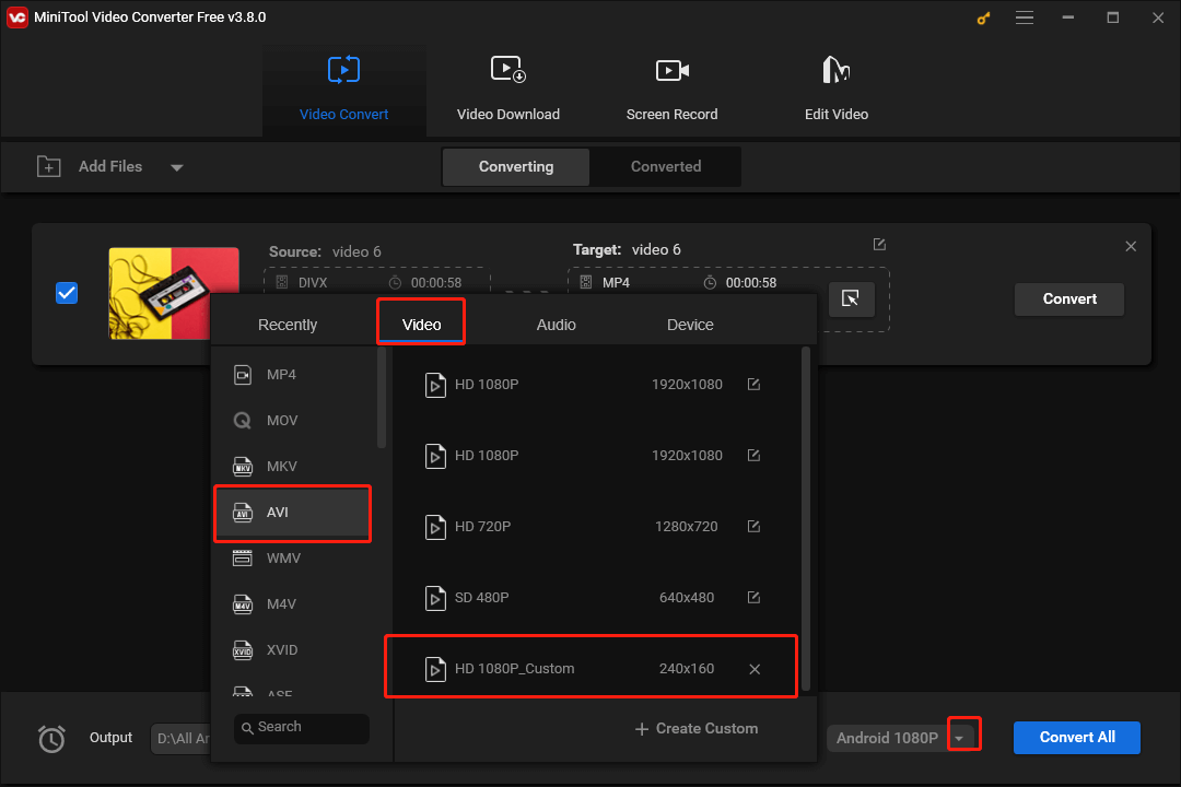 Click on the inverted triangle in MiniTool Video Converter to expand the output format window and choose AVI HD 1080P Custom