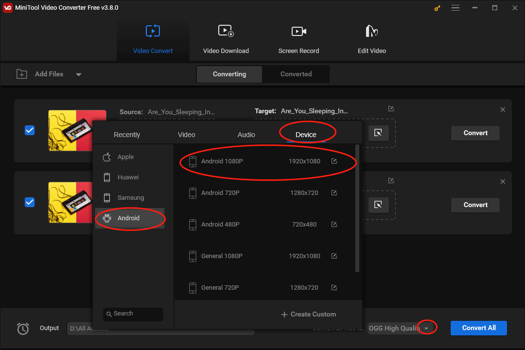 Click on the inverted triangle in MiniTool Video Converter to expand the Convert all files to option and set Android 1080P as the output format for your AIFF files