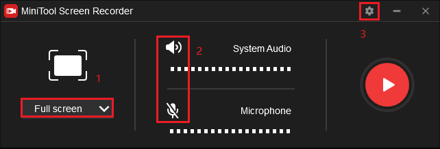 Click Select region from the dropdown of Full screen, the System Audio and Microphone icon, and the gear icon to customize the recording area, audio source, and other settings