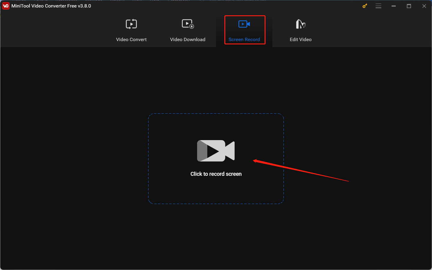 Hit the Click to record screen region in the MiniTool Video Converter to access MiniTool Screen Recorder