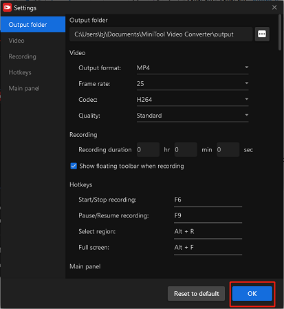 Customize some parameters in MiniTool Video Converter for screen recording