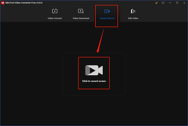 Click the Click to record screen area to open the MiniTool Screen Recorder window in MiniTool Video Converter for screen recording