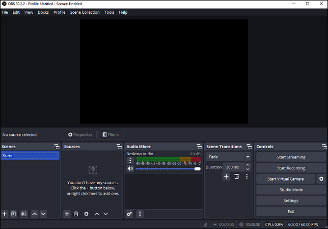 The main interface of OBS Studio