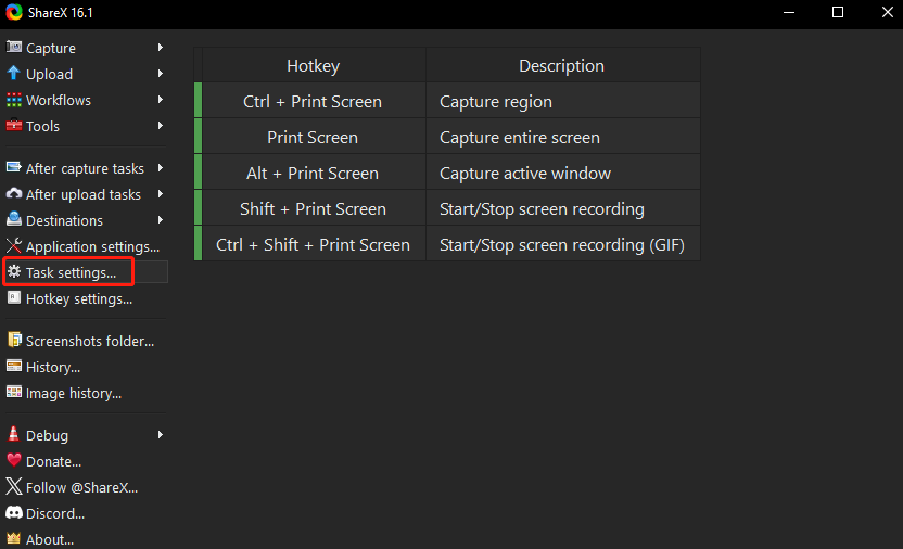 Click Task settings in ShareX to open the Task setting window