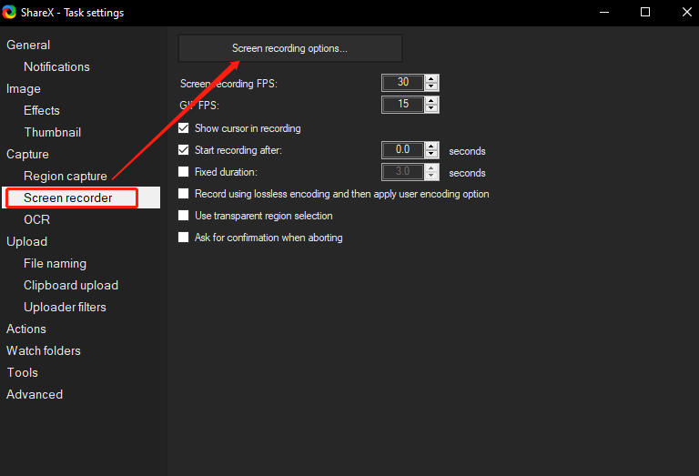Select Screen recorder on the left and click Screen recording option on the right under the Task settings tab