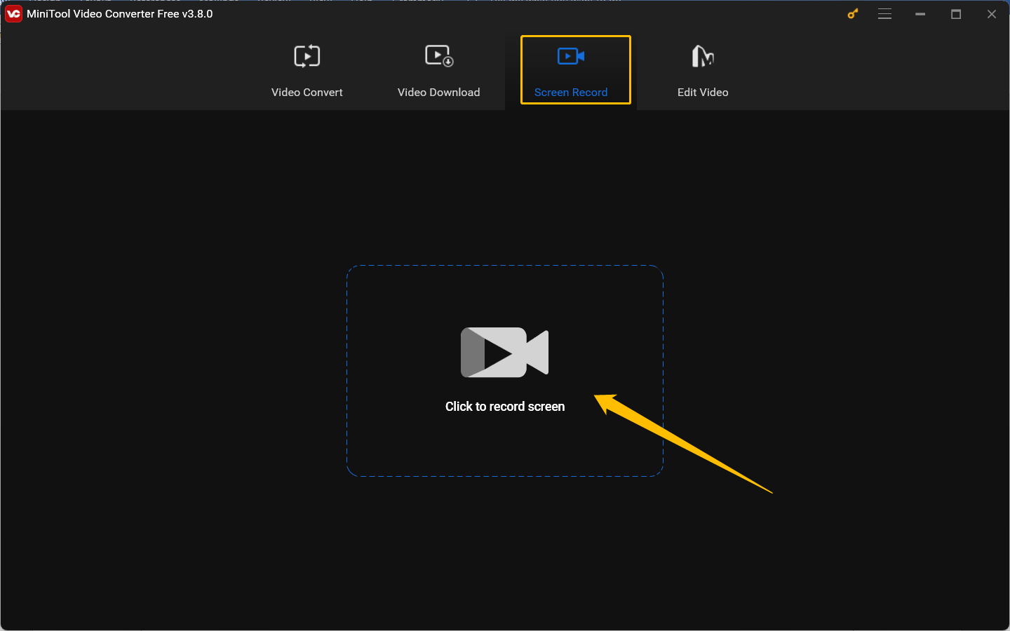 Hit the Click to record screen region under the Screen Record module of MiniTool Video Converter to access the MiniTool Screen Recorder panel