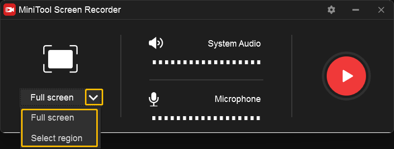 Choose to record the whole screen or selected region on the MiniTool Screen Recorder panel