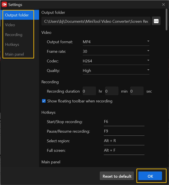 Further personalizing recording settings on the Settings page of MiniTool Screen Recorder