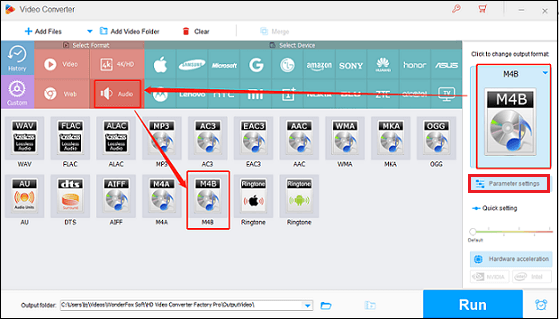 Select M4B as the output format for conversion in HD Video Converter Factory Pro