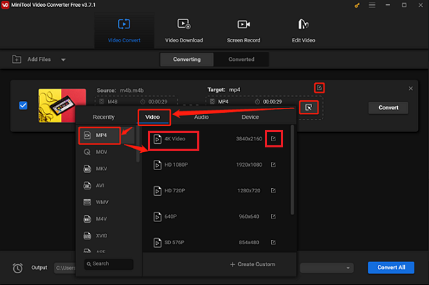 Select MP4 as the output format for conversion in MiniTool Video Converter