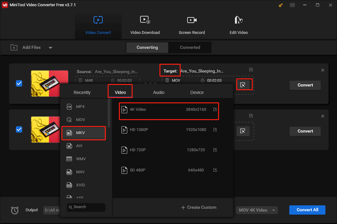 Click on the Edit icon in MiniTool Video Converter to set the output format for each M4R file