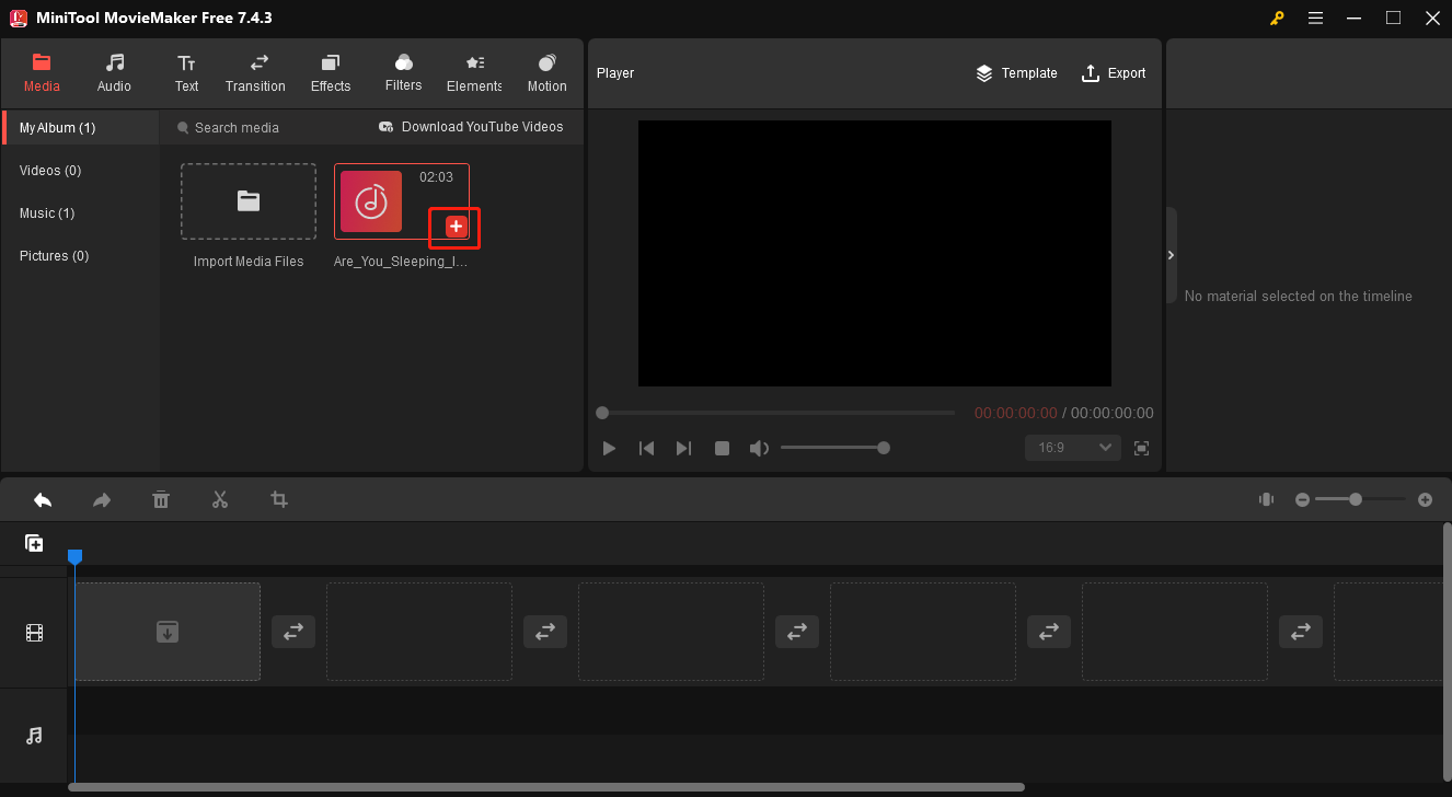 Click on the plus icon in MiniTool MovieMaker to put your M4R file on the audio track