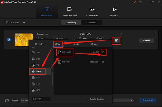 Select MPG as the output format for conversion in MiniTool Video Converter