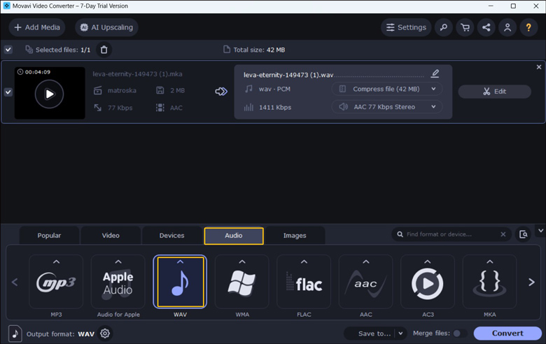 Choose WAV as the output format in Movavi Video Converter