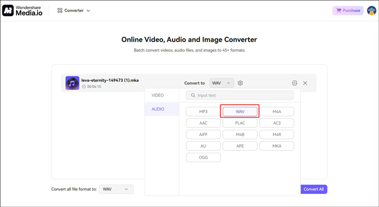 Select WAV as the target output format in Media.io