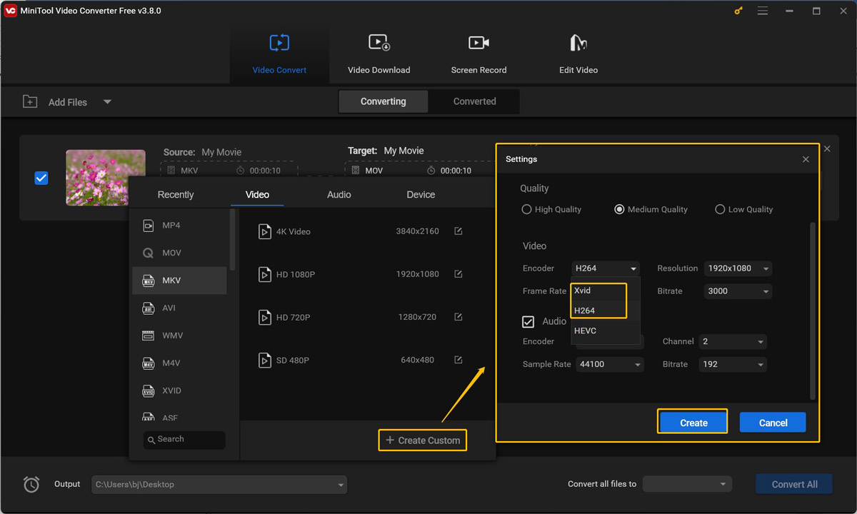 Mit der Funktion + Benutzerdefiniert erstellen von MiniTool Video Converter zum Ändern nicht von Sony TV unterstütztes Audio- und Videocodecs