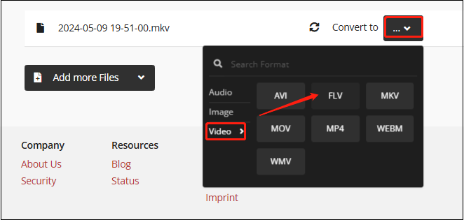 Click the inverted arrow next to “Convert to” and choose FLV on the right under the Video tab