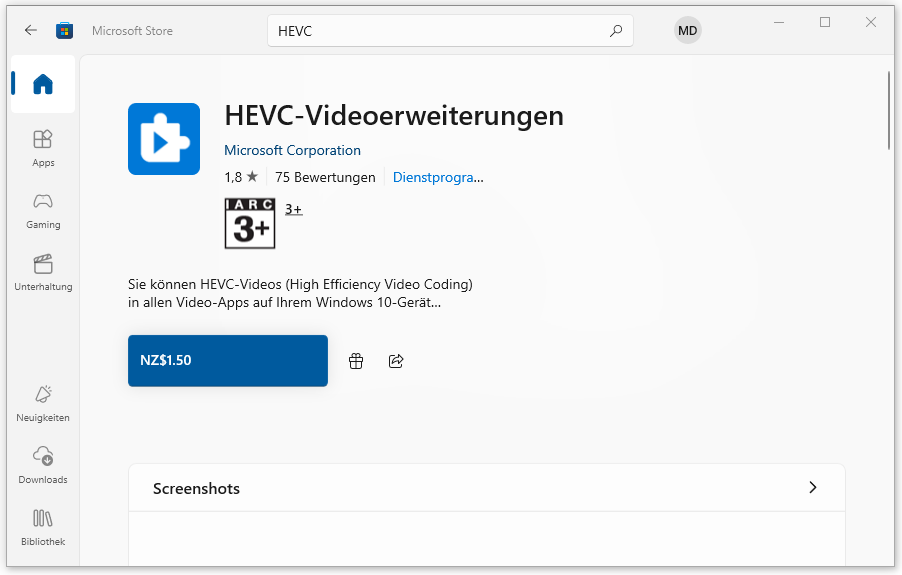 HEVC-Videoerweiterungen im Microsoft Store herunterladen