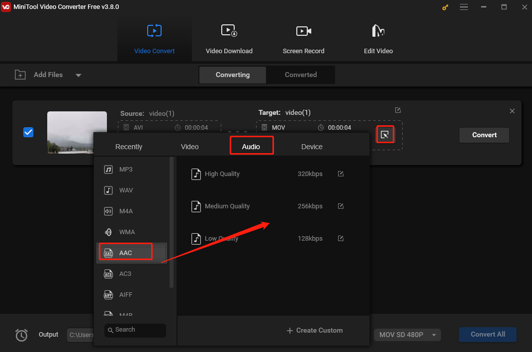 Choose AAC as the output format in the output format window