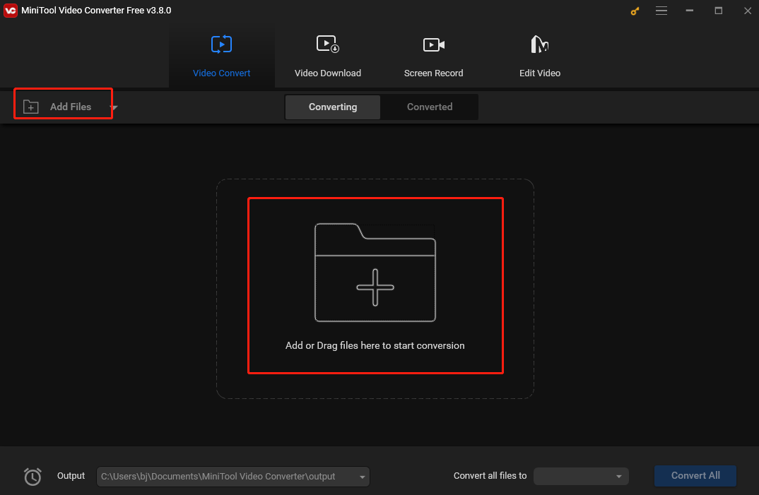 Click the Add or the Drag files here to start conversion area in MiniTool Video Converter