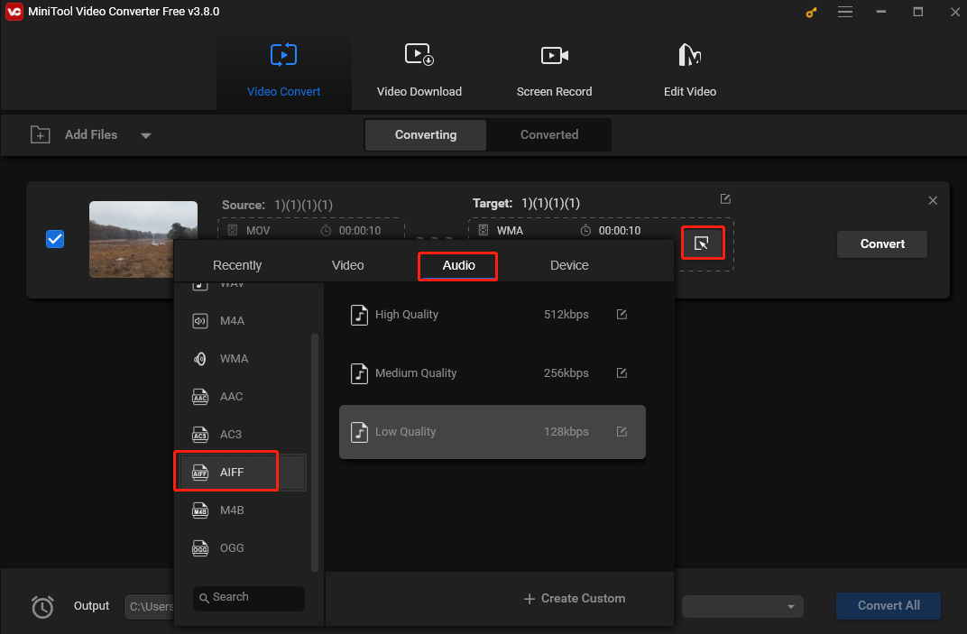 Choose AIFF as the output format in the output format window