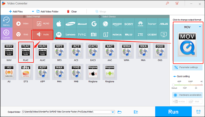 Choose FLAC as the output format for conversion in HD Video Converter Factory Pro