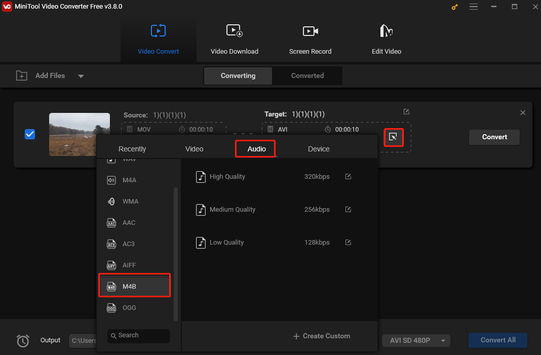 Choose M4B as the output format in the output format window