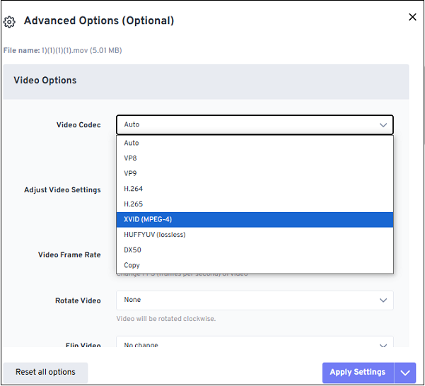 Click the Video Codec box in the Advanced settings window and choose XVID (MPEG-4) from the dropdown