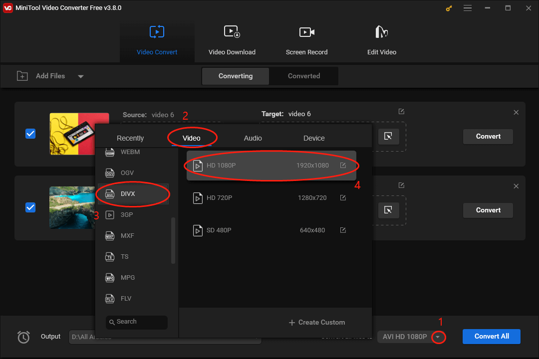 Click on the inverted triangle in MiniTool Video Converter to expand the Convert all files to option and set DIVX HD 1080P as the output format for MPEG files